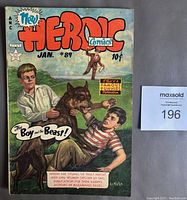 Photo of comic book front cover showing the title 'Heroic Comics' issue #89 from January, featuring a boy, a beast, and a boy in red and white striped shirt outdoors.