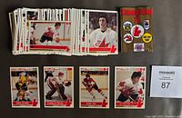 Full view of the hockey card collection arranged with multiple cards spread out and a Canada Cup 76 logo card on top showing various logos.