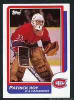 Front of 1986-87 Topps hockey card showing Patrick Roy in Canadiens goalie uniform with equipment and team logo, card number 53.