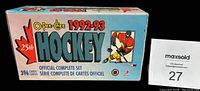 Box front view showing 1992-93 O-Pee-Chee hockey card 396 card count, 25th anniversary logo, and hockey player illustration.