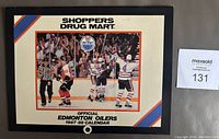 Closed calendar showing cover with Edmonton Oilers players in a game scene and issued by Shoppers Drug Mart for the 1987-88 season.