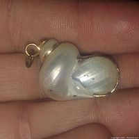 Close-up image of a small, iridescent mother of pearl shell pendant with gold overlay on the edge and a gold loop for hanging.
