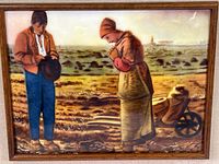 Close-up of the painted enamel tile showing a man and woman praying over their crops in a field, colorful and detailed.
