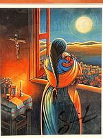 Close-up of the print showing the mother with child, crucifix, candle, and moonlit landscape.