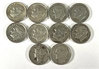 Top view showing obverse sides of 10 silver dimes featuring Roosevelt and Mercury designs from 1940s to 1960s