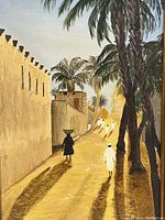 Close-up of the painting showing detailed palm trees, figures, and architectural elements on a sunlit street.