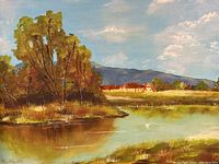 Close view of the pond scene painting showing detailed brushwork of trees, water, and sky with signature in lower left corner.