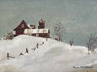 Close up of the snow scene painting showing barn, fence, trees, snowy hill and signature