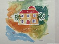 Close-up of watercolor painting depicting a villa with a surrounding map and artist's signature.