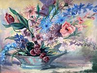 Close-up of the painting showing the flower arrangement and artist signature 'Mary'