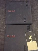 Photo showing the Pulse hardcover book and its matching black protective case, both with black rectangle motifs and red text 'PULSE'.