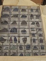 Top-down view of a set of labeled rock and mineral specimens each in individual small transparent boxes arranged in rows inside an open box.