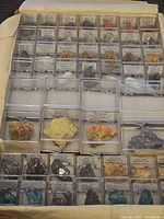 Entire display box showing multiple labeled rock specimens including ores and minerals.