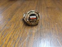 Front view of gold-tone men's ring displaying Ottawa Senators logo in enamel with surrounding text and decorative stones.