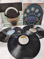 Three black vinyl records, each with Island record label, and two album covers showing stylized artwork, flat on white cloth.