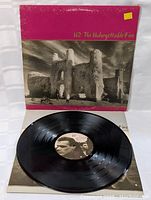 Vinyl record itself removed from cover, black vinyl with label featuring band photo and track information.