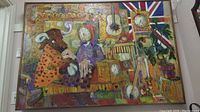 Full view of oil painting depicting anthropomorphic figures and clocks with British flag motif in a wooden frame