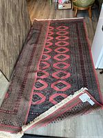 Full view of rug showing geometric pattern and fringe