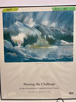 Framed landscape print ‘Meeting the Challenge’ displaying title, mountain scene and frame