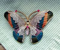 Front view showing colorful enamel sections and clear rhinestones on gold-tone butterfly brooch