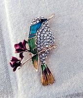 Front view of the bird brooch showing colorful enamel and rhinestone details.