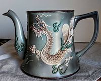Side view of large metal teapot showing detailed embossed and painted dragon design in cream, turquoise, pink, and blue on matte greenish-gray surface with squared handle and curved spout