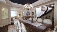 Dining table in formal room setting with upholstered chairs and chandelier overhead