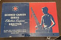 Original 1950s Erector set closed box with blue and red design and boy operating crane graphic