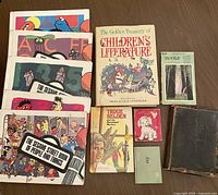 Lot of vintage books including several Sesame Street books, Golden Treasury of Children's Literature, Trixie Belden book, a Bible, and other small vintage books showing varied wear.