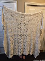 Full view showing entire large crochet bedspread held up, cream color, rectangular shape with detailed crochet pattern.