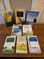 Eight Nicholas Sparks novels arranged on table, displaying variety of cover images including chairs, bicycles, couples, and landscapes.