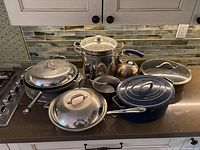 Photo showing a variety of pots and pans including a black cast iron pot, stainless steel pots with lids, a tea kettle with a blue handle, and a stainless steel steamer basket.