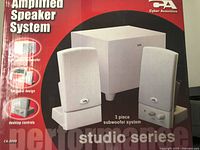 Retail box showing Cyber Acoustics CA-3000 studio series amplified speaker system details
