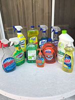 Group shot of all cleaning product bottles on table