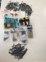 Overview showing loose nails and screws, plastic wall anchors, multiple sealed retail packs and boxes