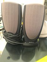 Front view of both Dell speakers with cables showing size and condition