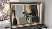 Full view of the large rectangular mirror showing the silver-toned frame and clear beveled glass mirror surface reflecting indoor setting.