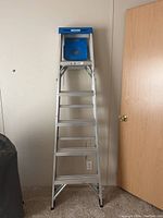 Full view of 6-foot aluminum step ladder with blue top placed against a wall and closed door.