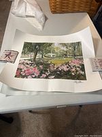 Full view of the art print showing the park scene with flowering plants and trees.