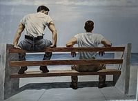 Print unframed showing full composition of two figures on bench overlooking water