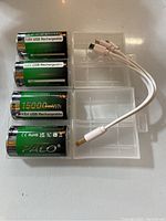 Four Palo USB rechargeable D batteries laid out on a surface next to a white USB charging cable with four connectors and transparent plastic battery storage case.