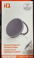 Close-up of one box of iQ Kickstand Magnetic Wireless Charger showing product image, MagSafe compatibility icon, and wattage compatibility details (5W/7.5W/10W/15W).