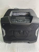 Front view of ION Sport Boom speaker showing control buttons and metal grille with brand logo.