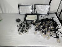 Two rectangular RGB LED projector lights, a Kelvinmi LED floodlight, and multiple string/outdoor bulbs on cables arranged on a white surface.