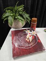 Planter with faux fern, boxed glass platter, red thermos