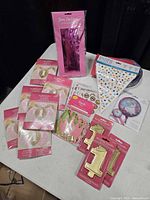 Overview of all packaged party supplies on table