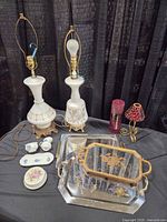Group shot showing lamps, trays, china set, trinket dish, candle, and candle holder
