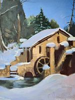 Close-up view of the painted scene showing the snow-covered stone mill and waterwheel with trees in the background.