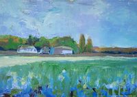 Close-up of front of painting showing impasto brushwork and color details