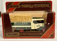 Front view of Matchbox Models of Yesteryear 1922 Foden Steam Lorry truck in original box, showing detailed model and packaging with Spillers branding.
